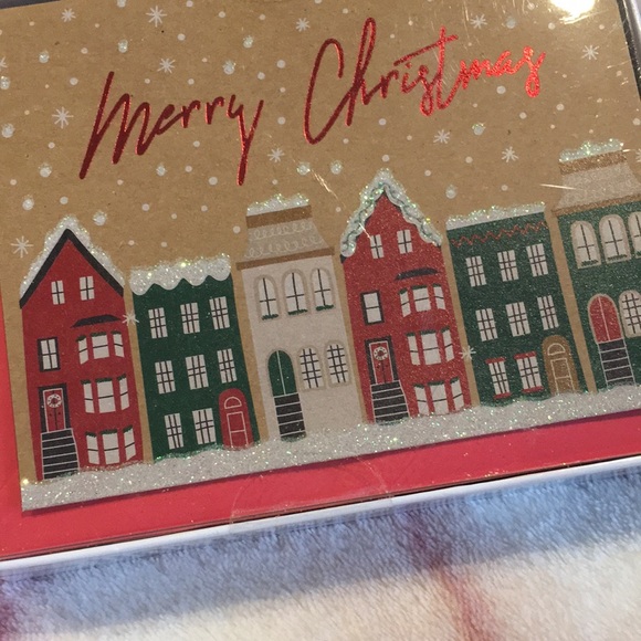 Merry Christmas Holiday Snowy Glitter Houses Greeting Card Set NWT 15count - Picture 8 of 16